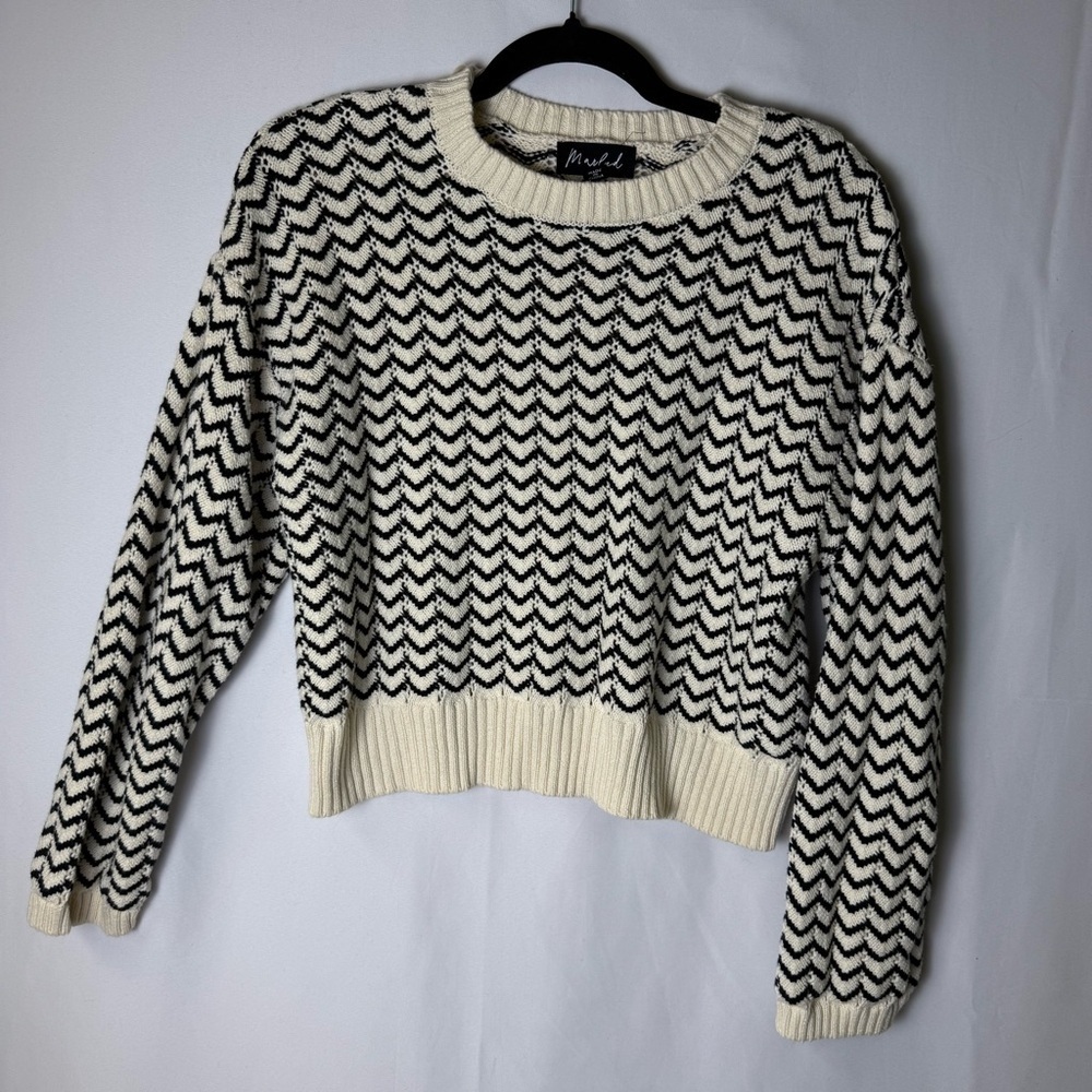 Marled Women‎ Black Cream Chevron Sweater Large Cotton Ribbed Knit Casual